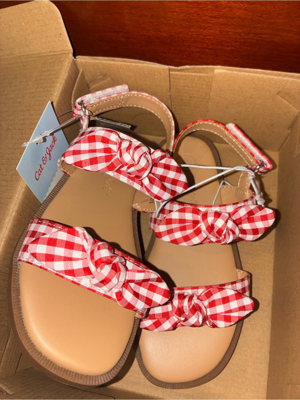 Cat & Jack Red White Gingham Knot-Accent Sandals Perfect for 4th of July